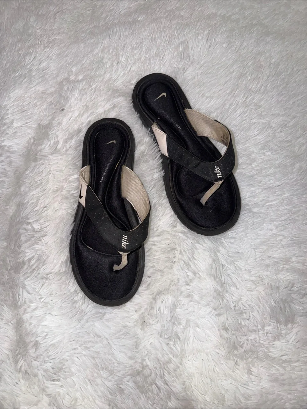 Nike Women's Black and Beige Foam Thong Sandals